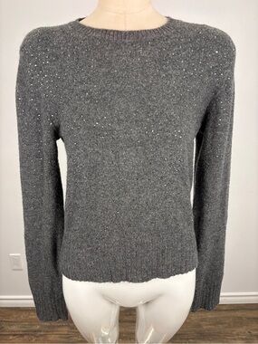 J.Crew Charcoal Grey Rhinestone Gemstone Embellished Knit Crewneck Sweater S